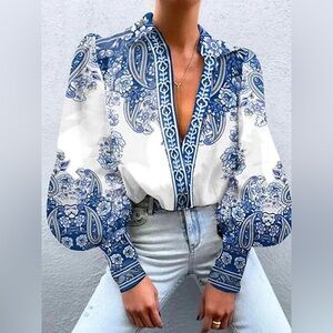 Long Sleeves Loose Buttoned Flower Print V-Neck Blouses&Shirts Tops